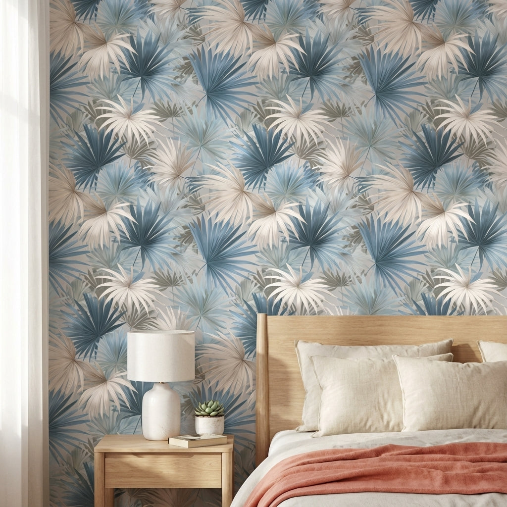 Soft Blue and Cream Palm Leaf Botanical Wallpaper