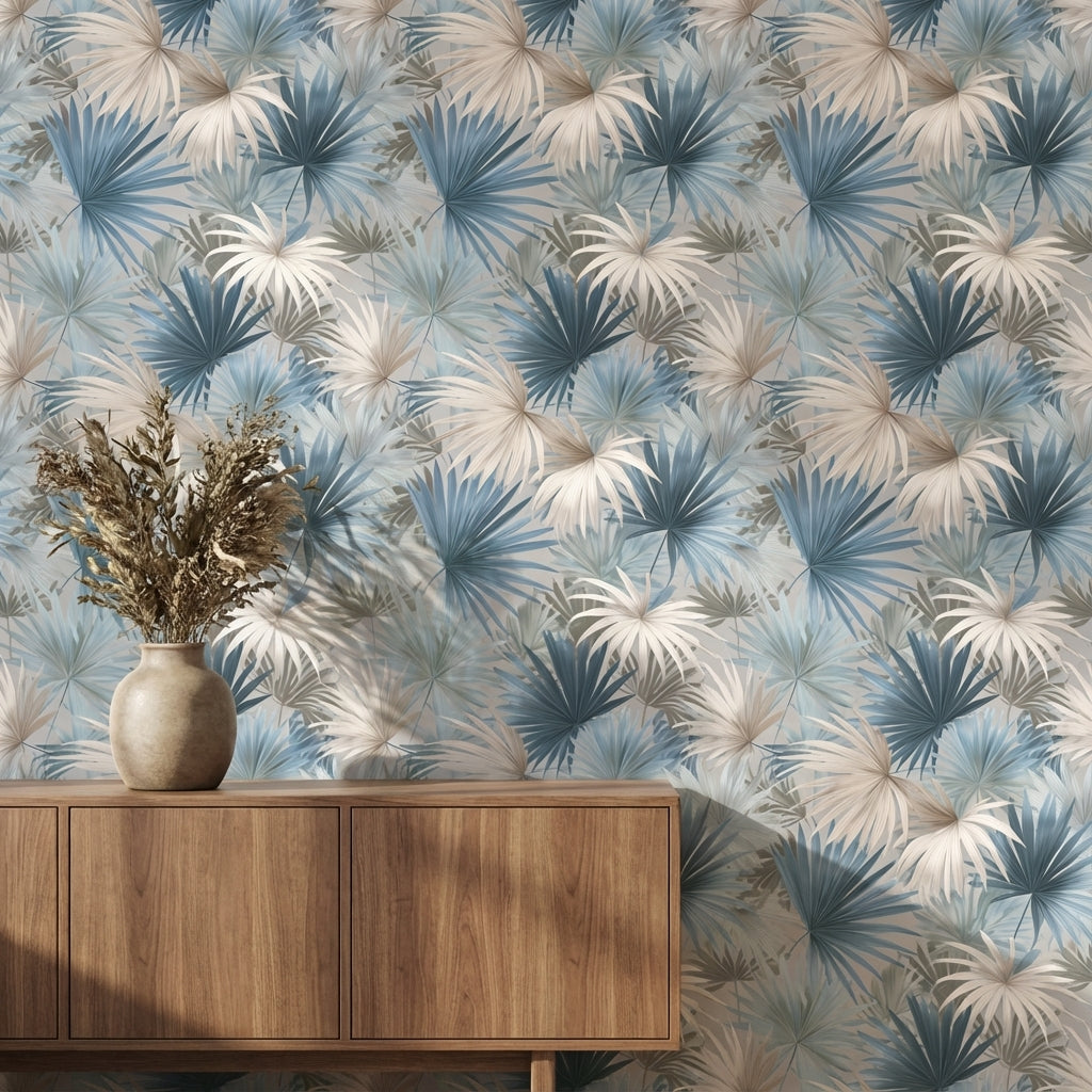Soft Blue and Cream Palm Leaf Botanical Wallpaper