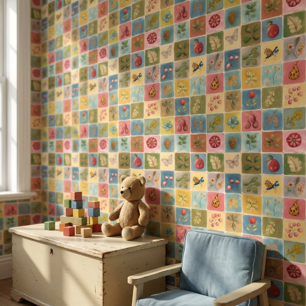 Vintage Multicolor Nature and Floral Pattern Wallpaper
