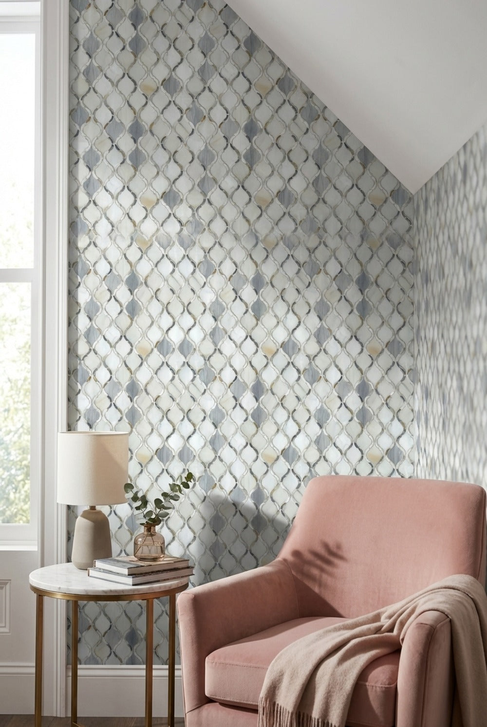 White and Gray Geometric Trellis Wallpaper