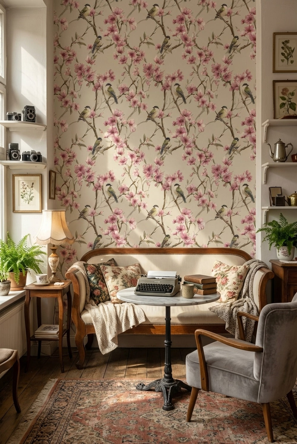 Cream Cherry Blossom and Bird Wallpaper