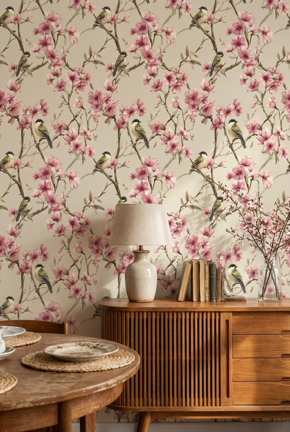 Cream Cherry Blossom and Bird Wallpaper