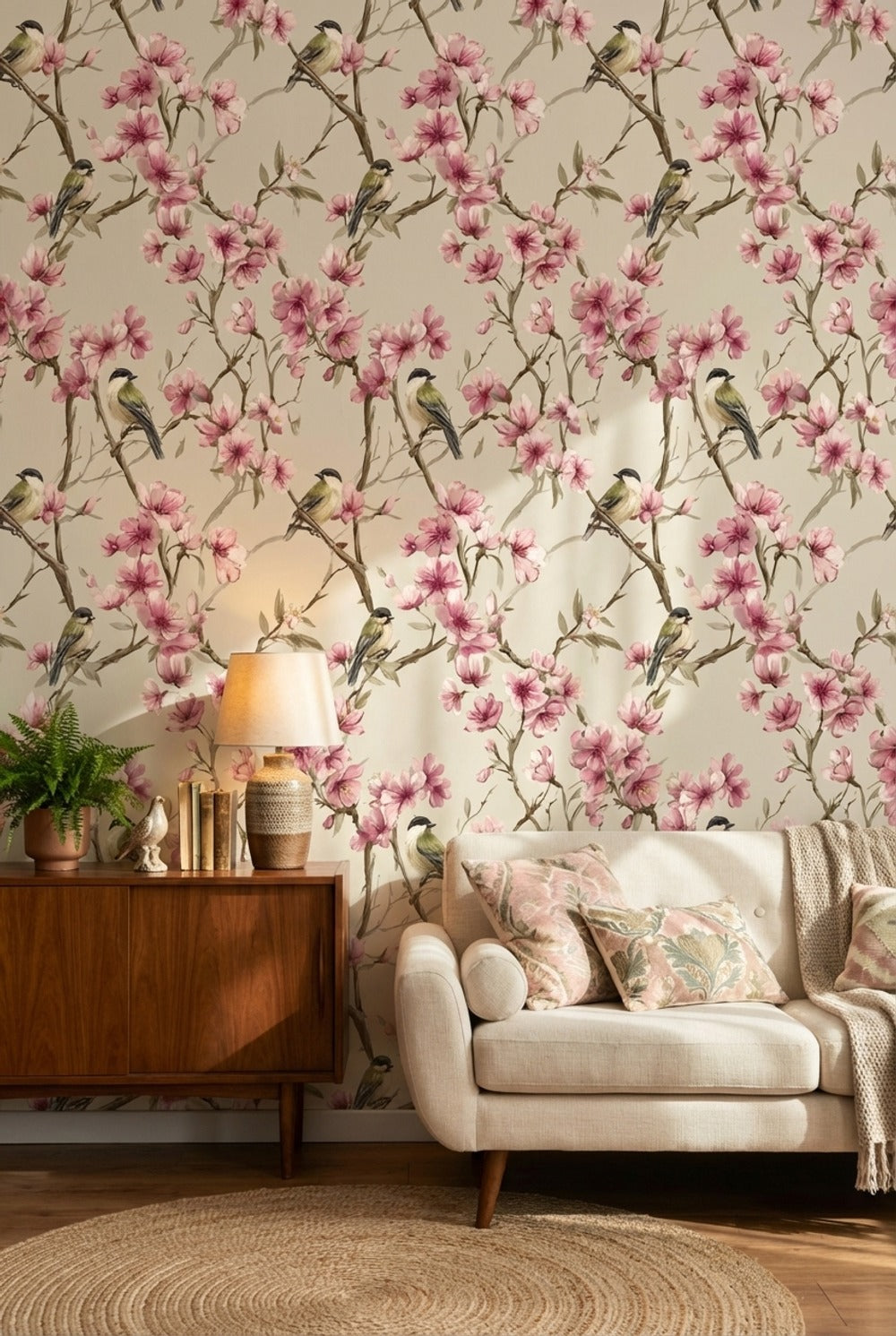 Cream Cherry Blossom and Bird Wallpaper