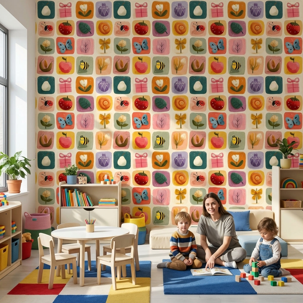 Multicolor Whimsical Floral and Animal Nursery Wallpaper