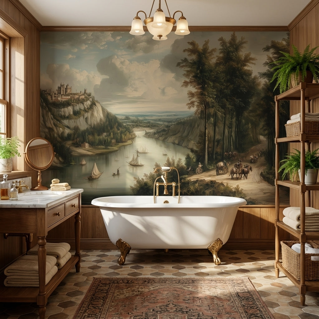 Traditional Landscape Wallpaper River Sailboats Wall Mural