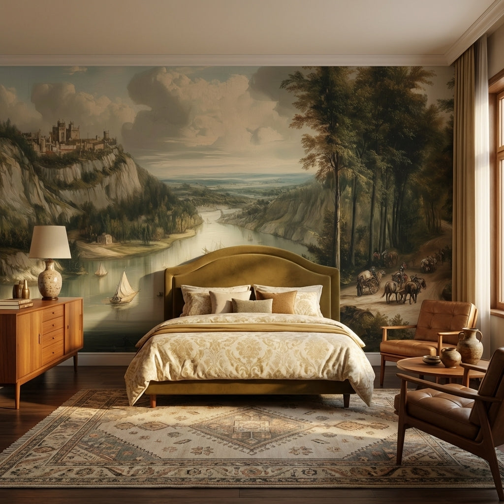 Traditional Landscape Wallpaper River Sailboats Wall Mural