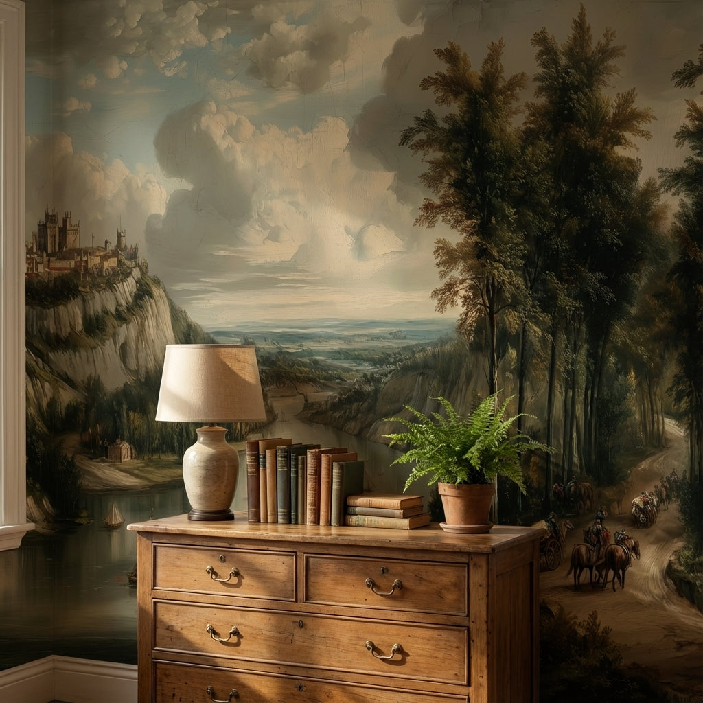 Traditional Landscape Wallpaper River Sailboats Wall Mural