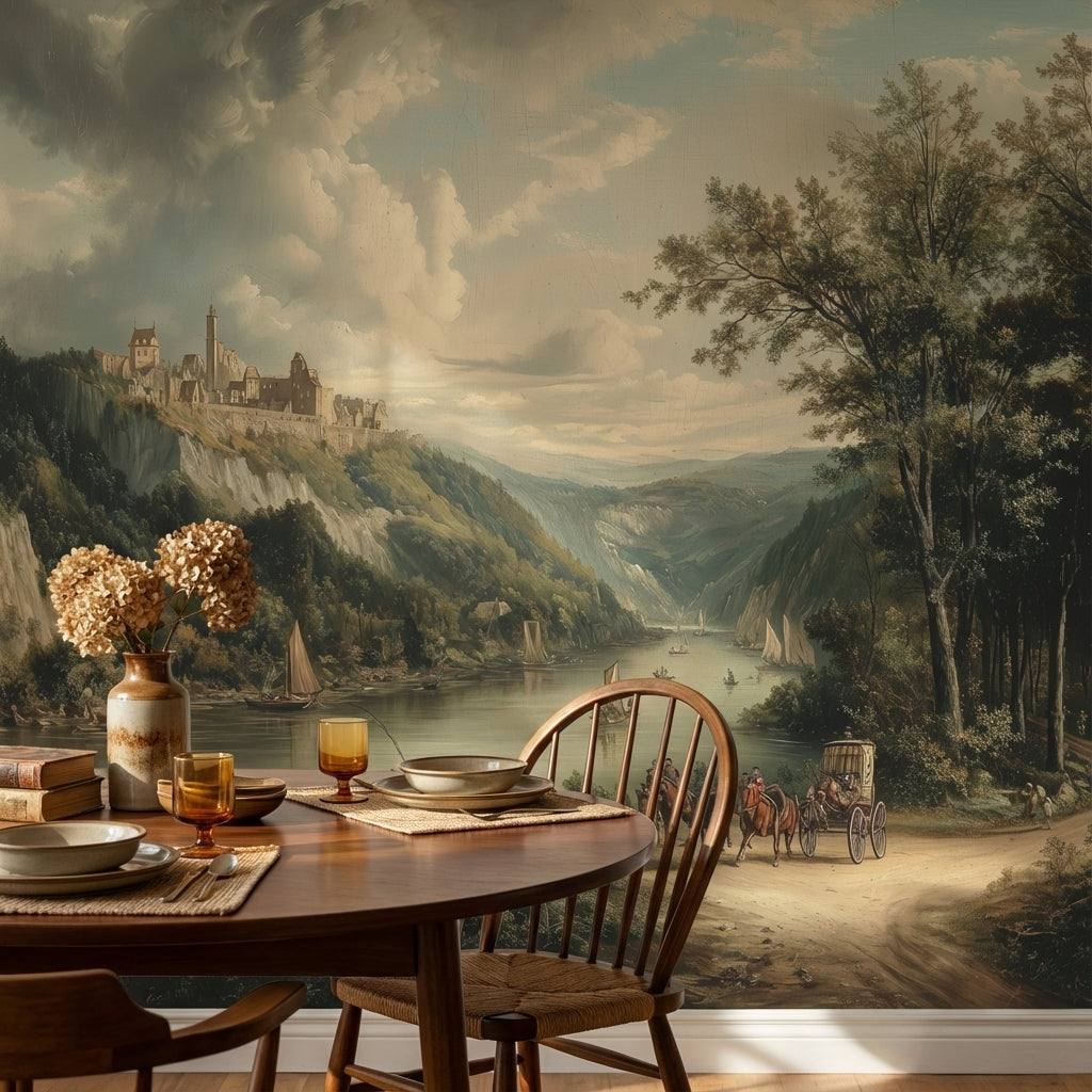 Castle Landscape Wallpaper River Removable Forest Wall Mural