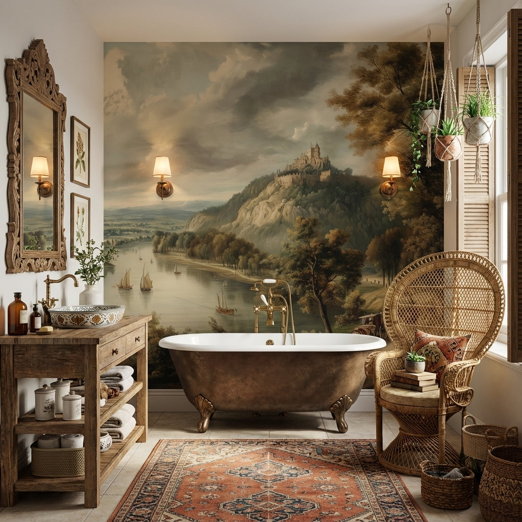 Castle Landscape Wallpaper River Traditional Wall Decor