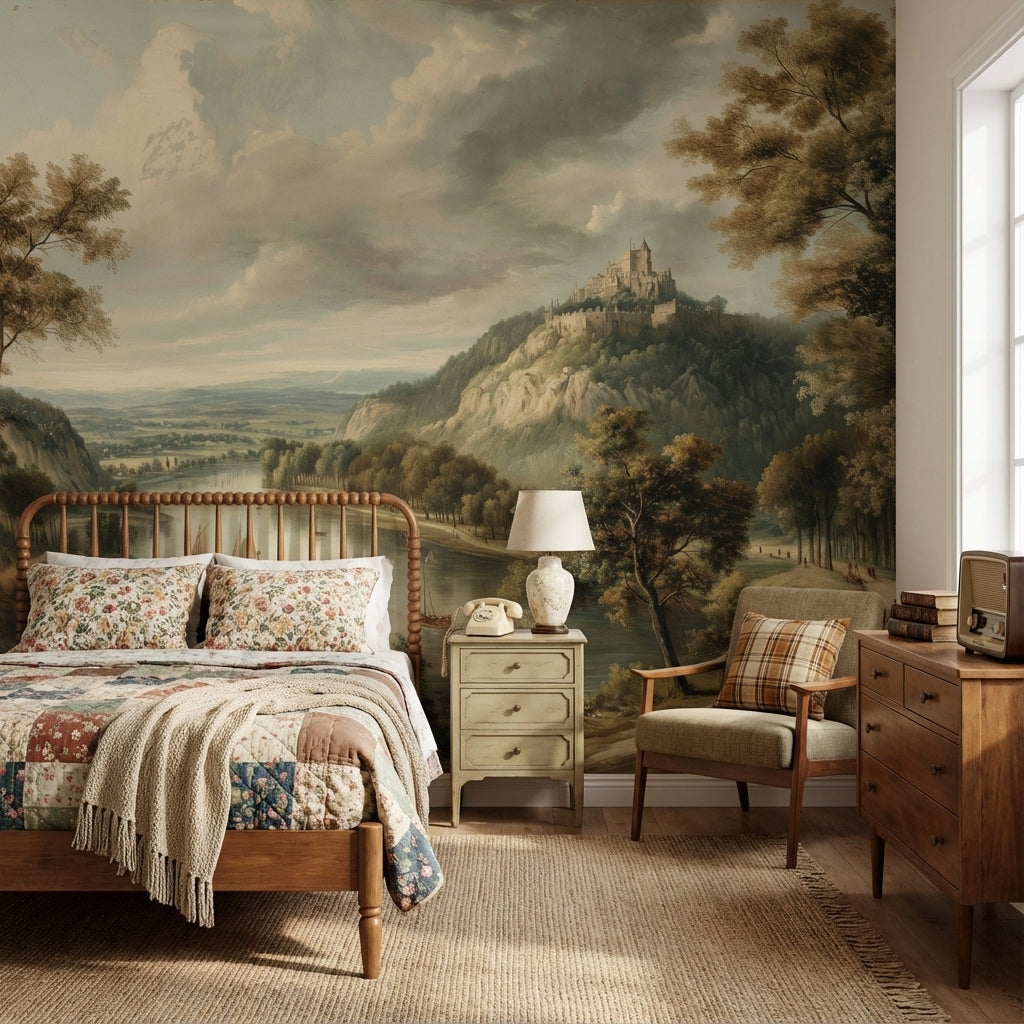 Castle Landscape Wallpaper River Traditional Wall Decor