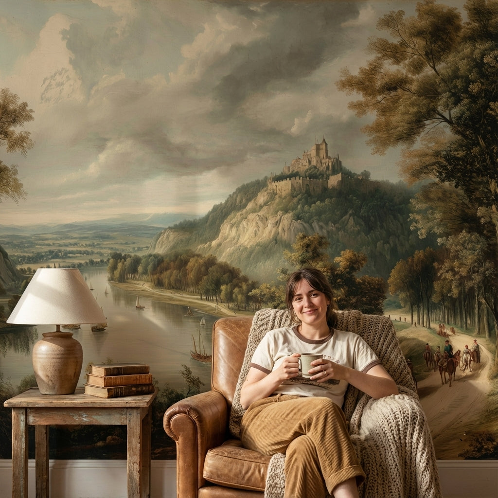 Castle Landscape Wallpaper River Traditional Wall Decor