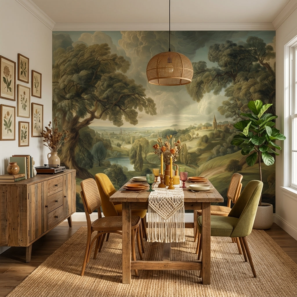 Shades Of Green Wallpaper Village Removable Hill Wall Mural