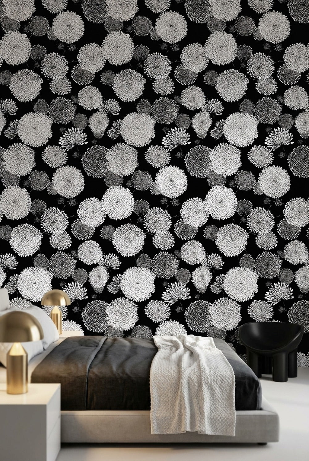 Floral Wallpaper Black Modern Decorative Mural