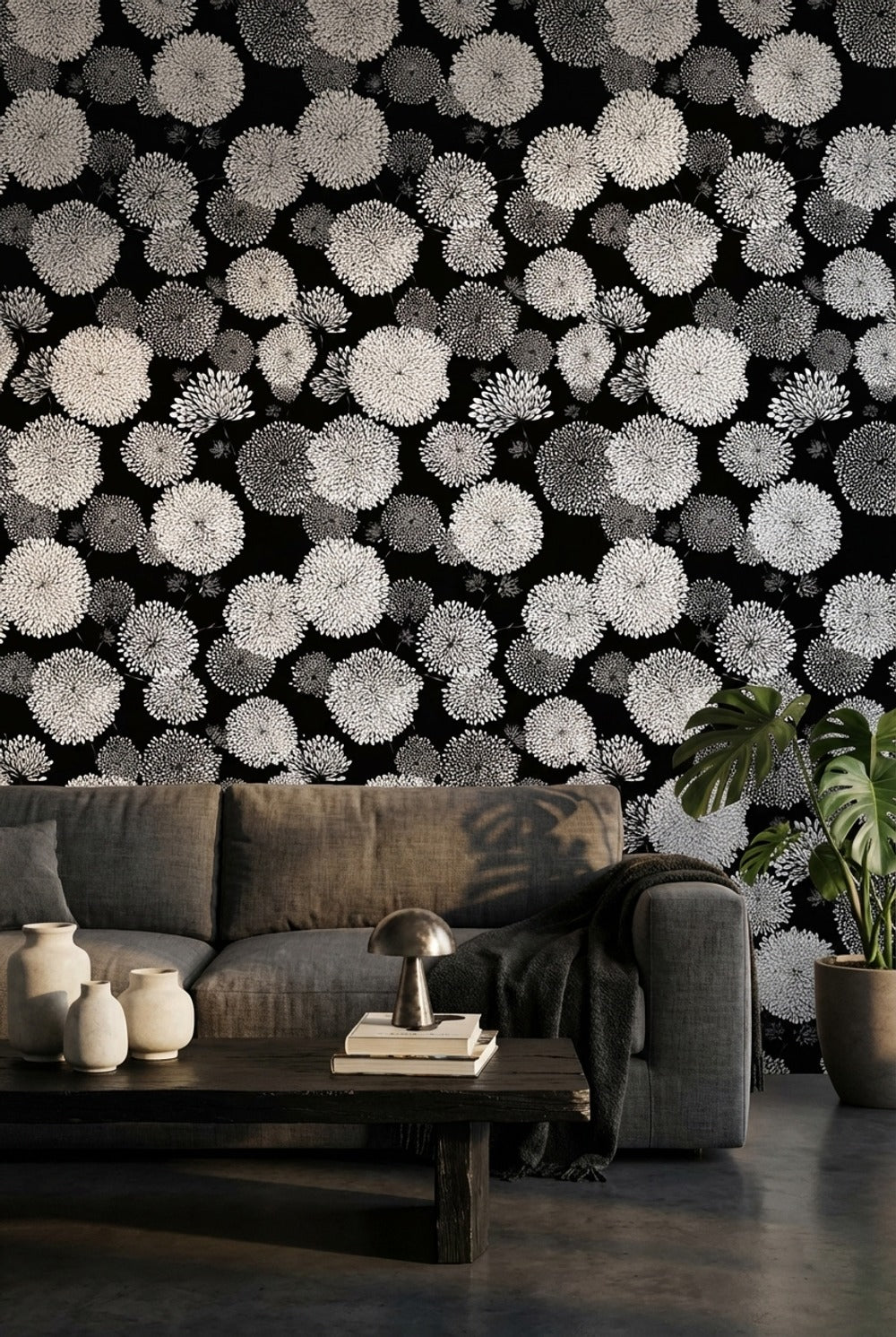 Floral Wallpaper Black Modern Decorative Mural
