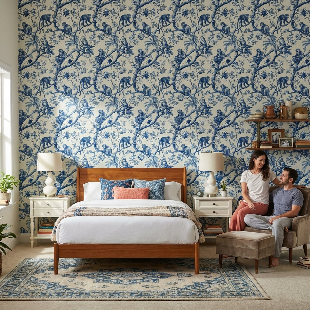 Monkeys Toile Wallpaper Floral Traditional Decorative Mural