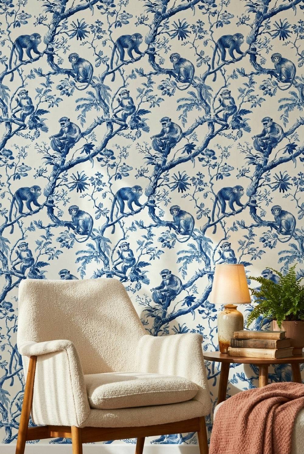 Monkeys Toile Wallpaper Floral Traditional Decorative Mural