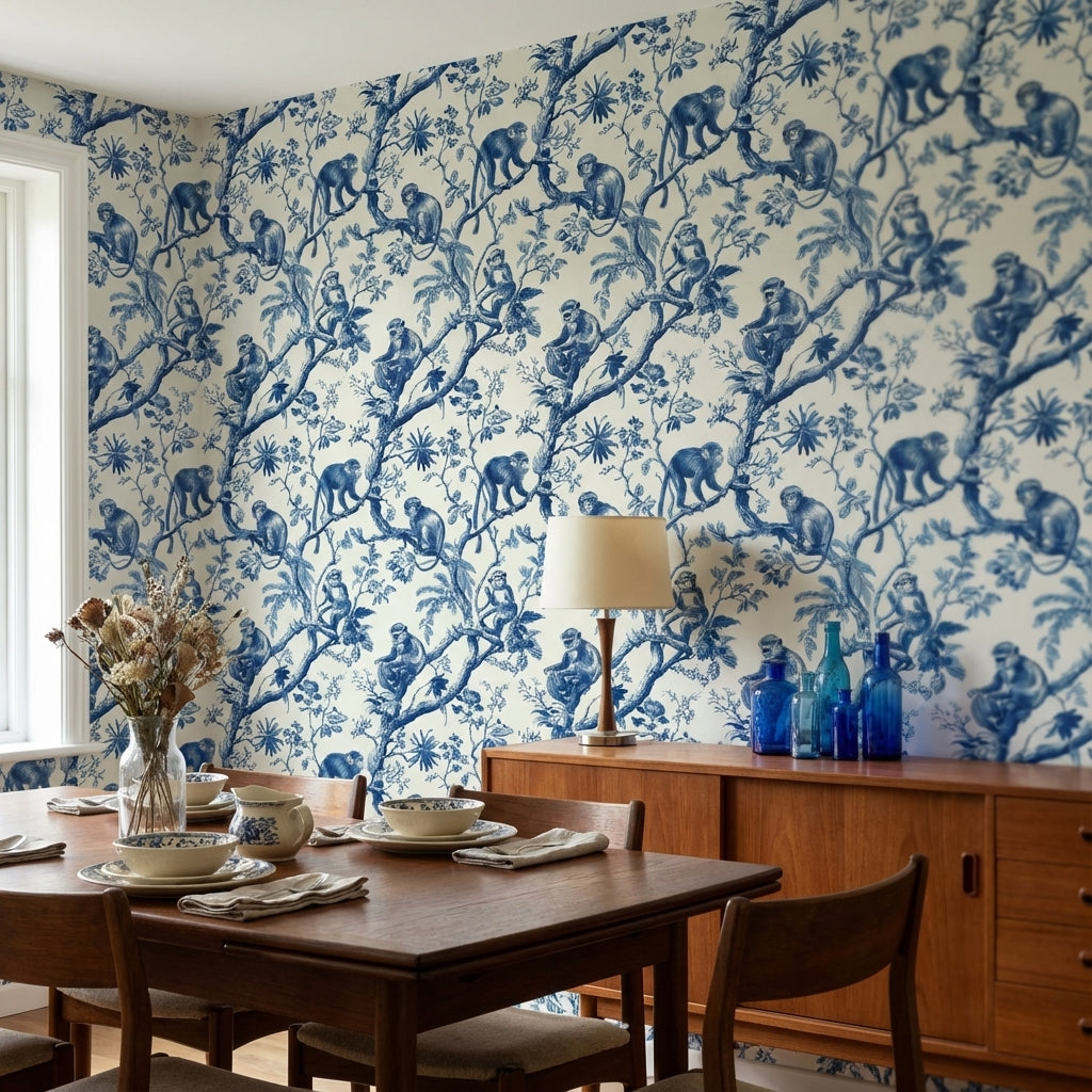 Monkeys Toile Wallpaper Floral Traditional Decorative Mural