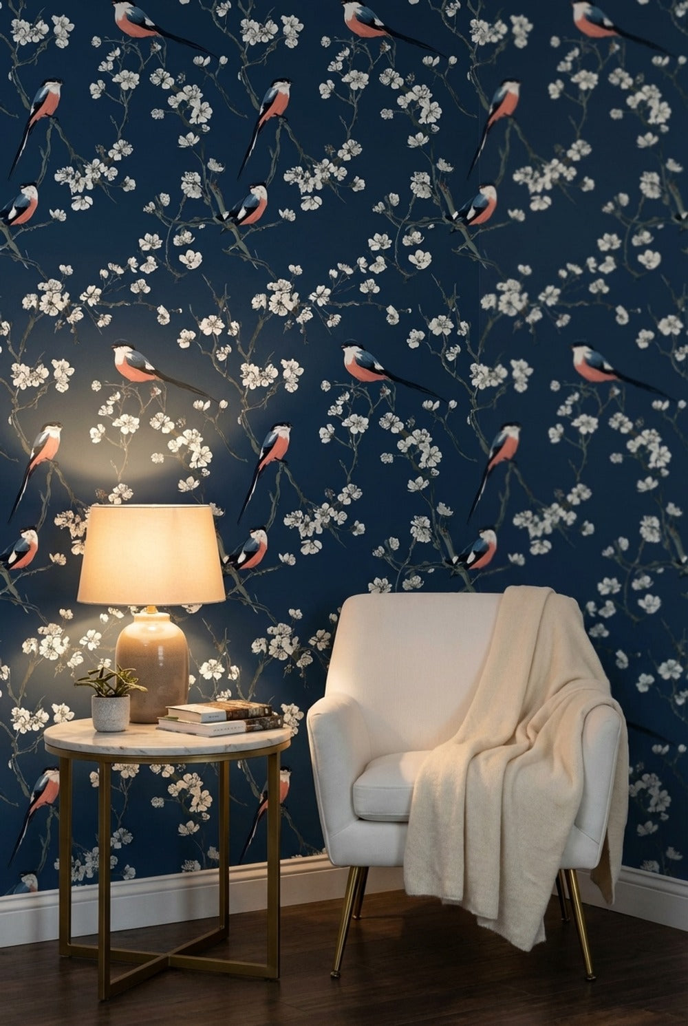 Floral Wallpaper Birds Removable Navy Wall Mural