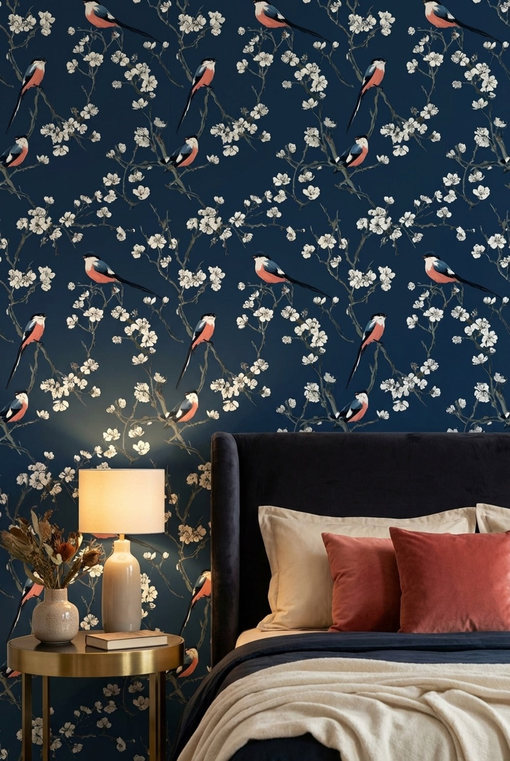 Floral Wallpaper Birds Removable Navy Wall Mural