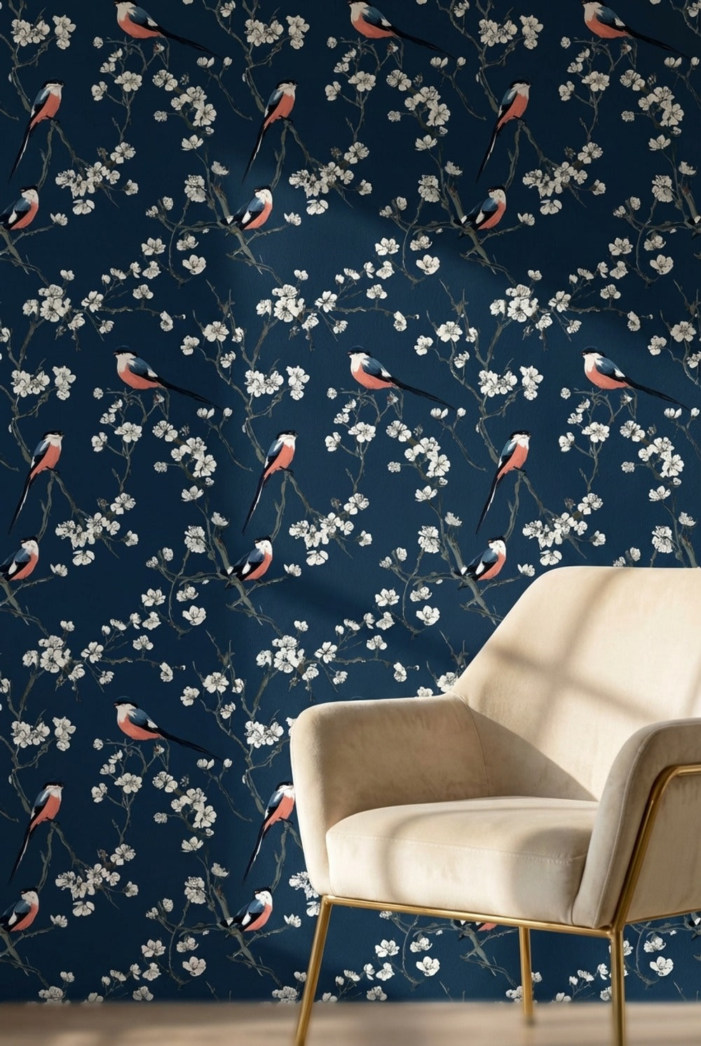 Floral Wallpaper Birds Removable Navy Wall Mural