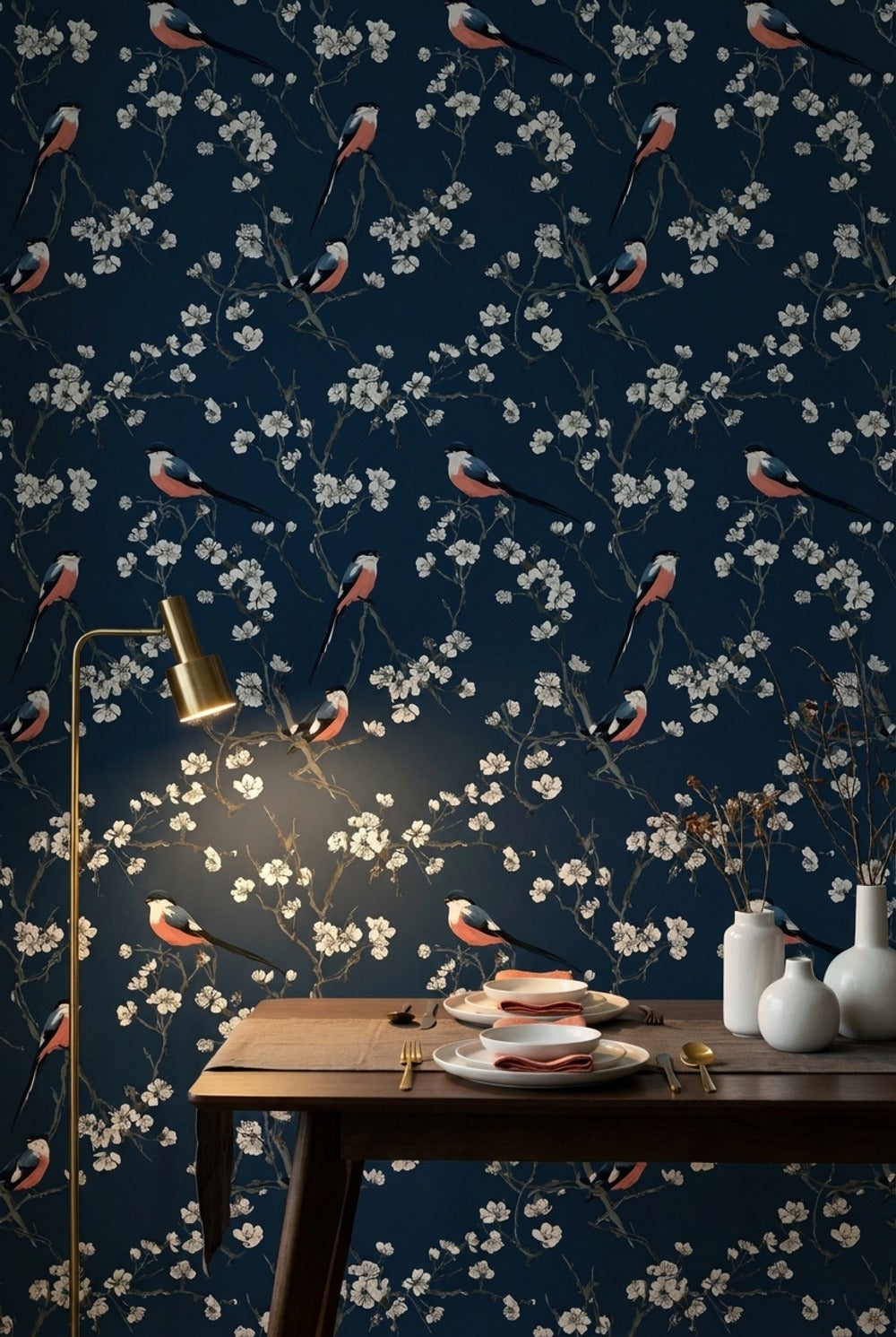 Floral Wallpaper Birds Removable Navy Wall Mural