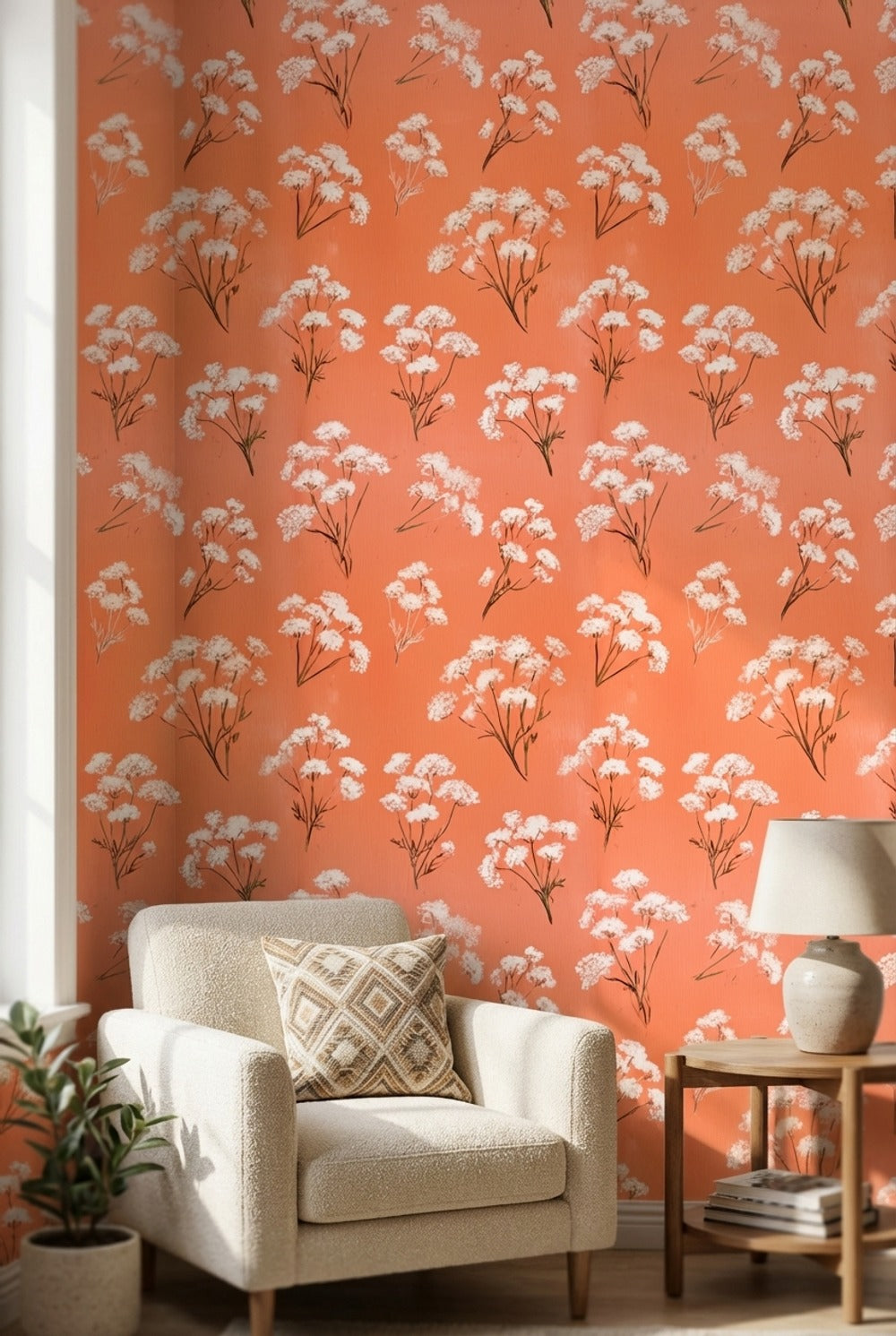 Floral Wallpaper Orange Removable Modern Wall Mural