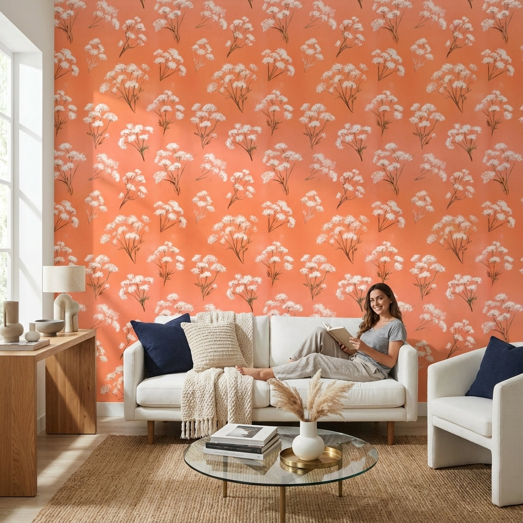 Floral Wallpaper Orange Removable Modern Wall Mural