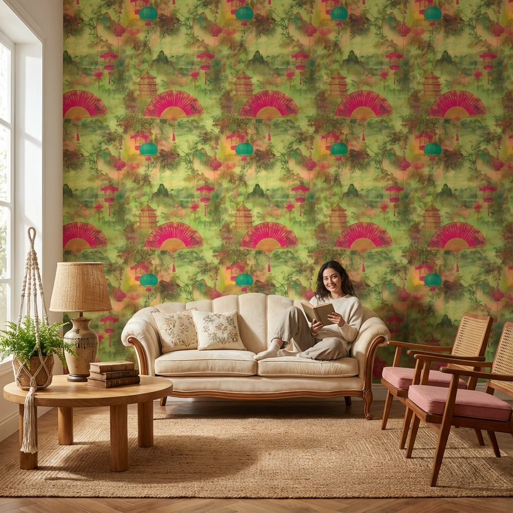 Asian Wallpaper Lanterns Pagoda Decorative Mural