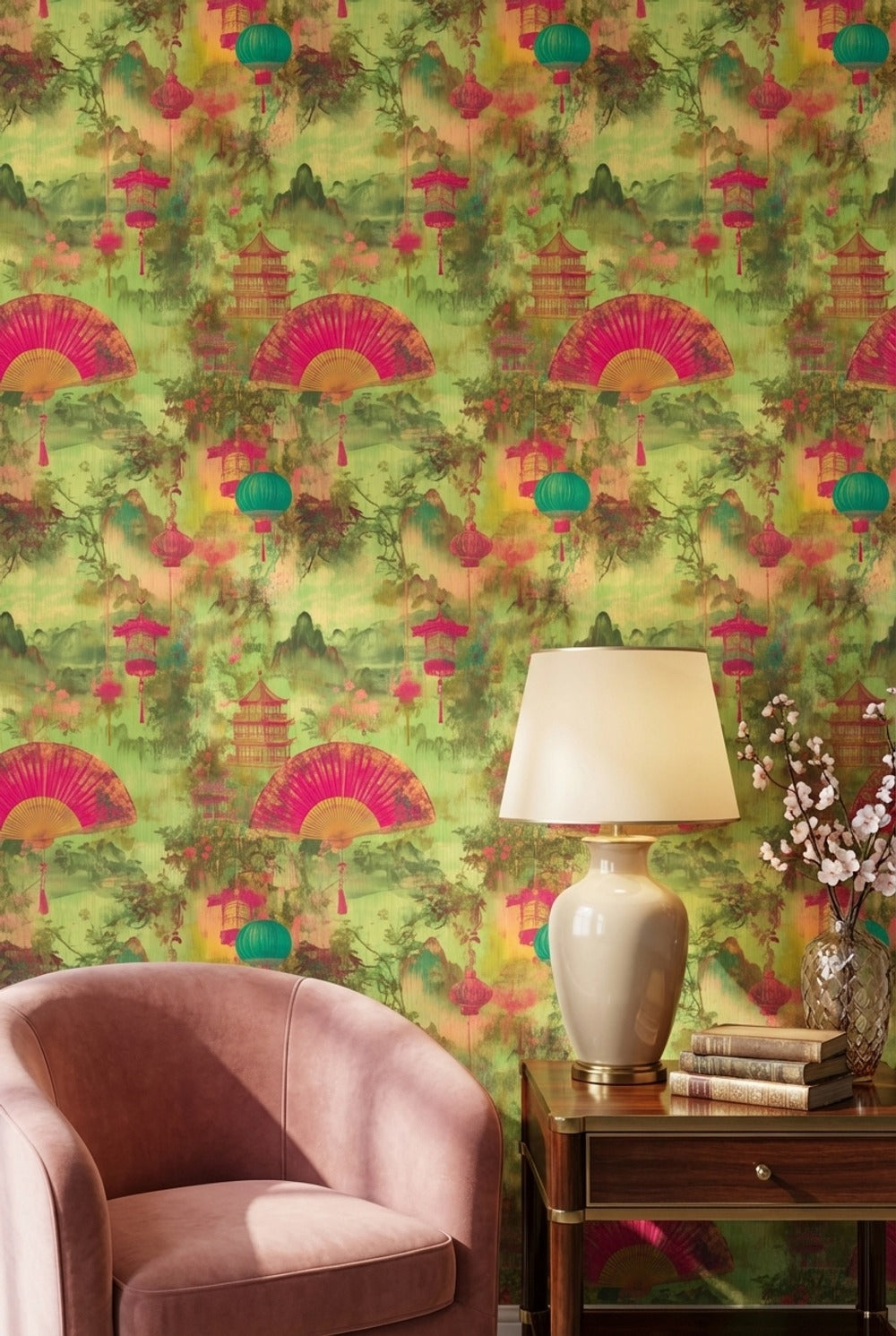 Asian Wallpaper Lanterns Pagoda Decorative Mural