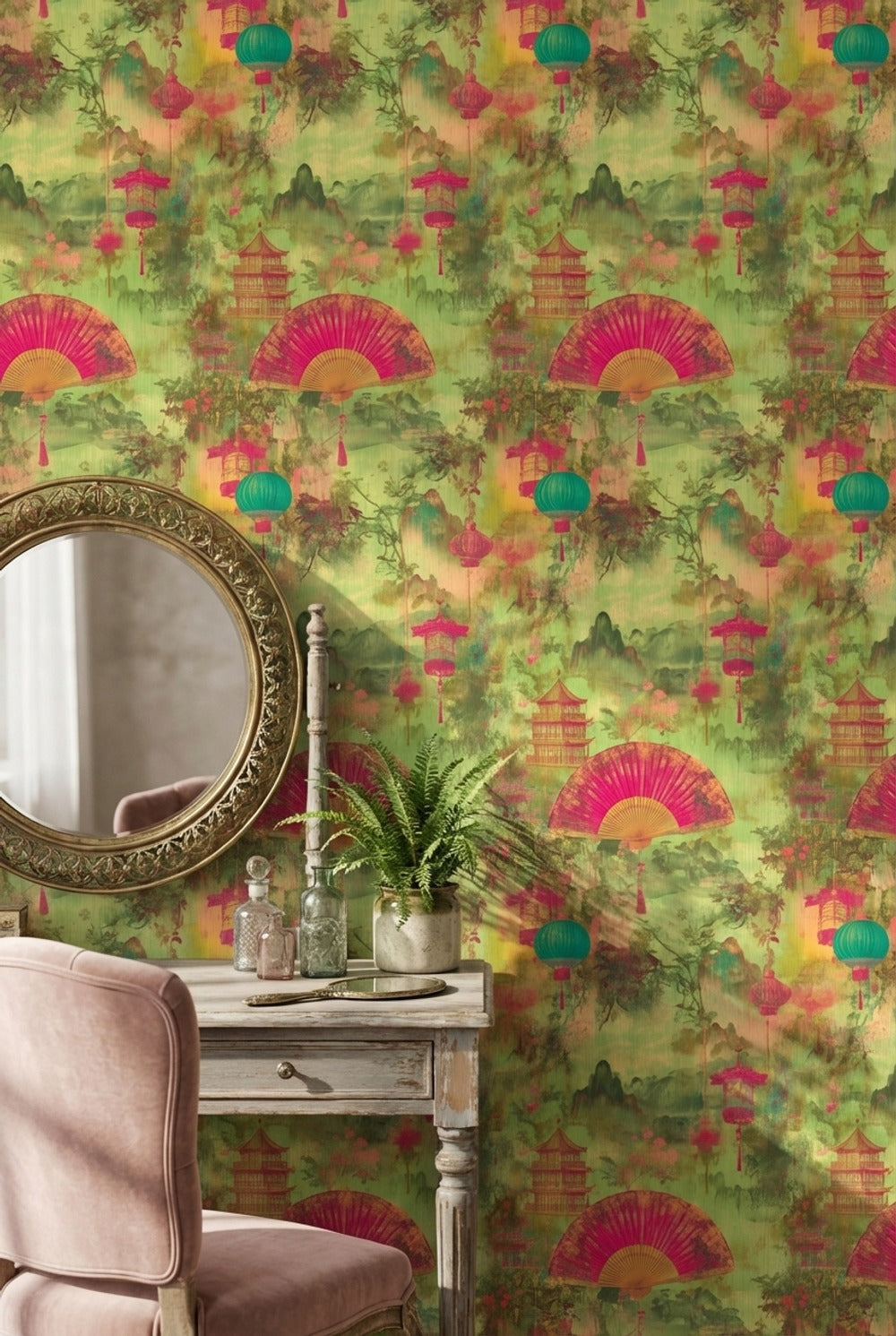 Asian Wallpaper Lanterns Pagoda Decorative Mural