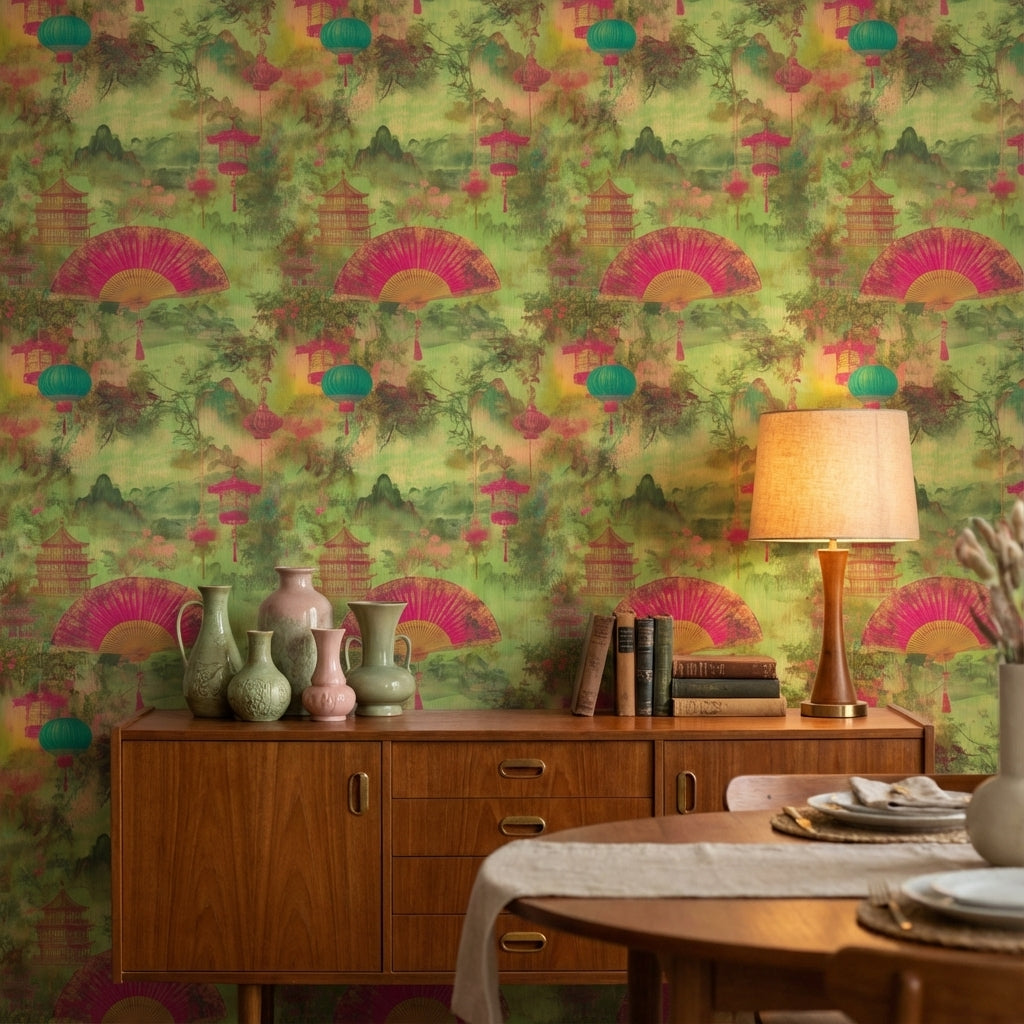 Asian Wallpaper Lanterns Pagoda Decorative Mural