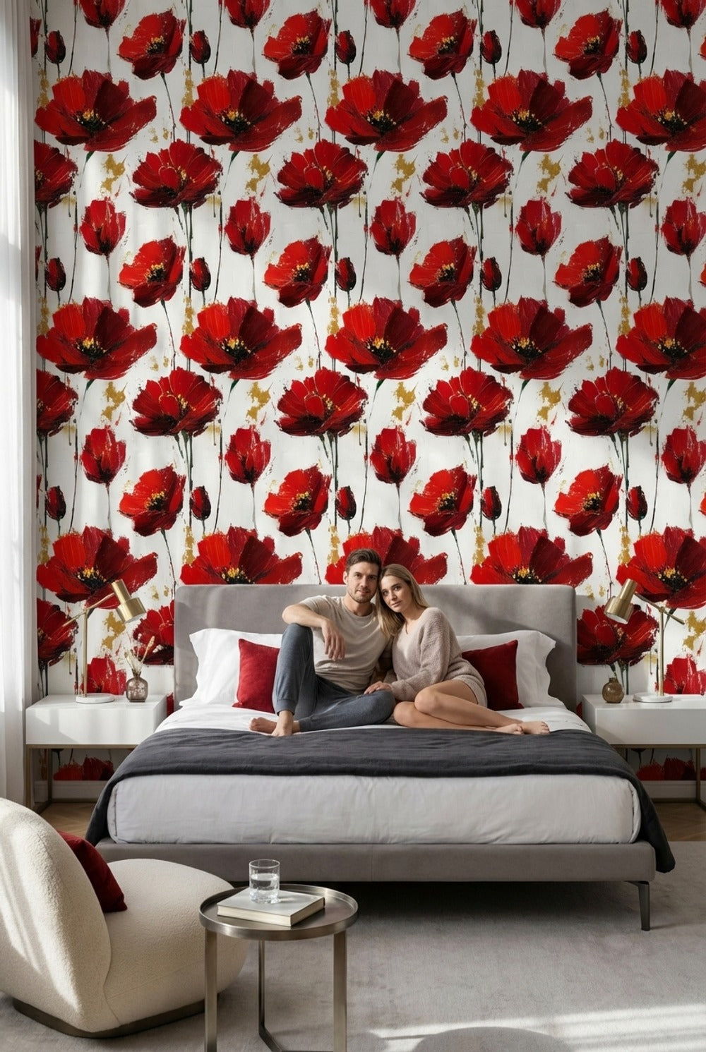 White Background Wallpaper Red Floral Decor