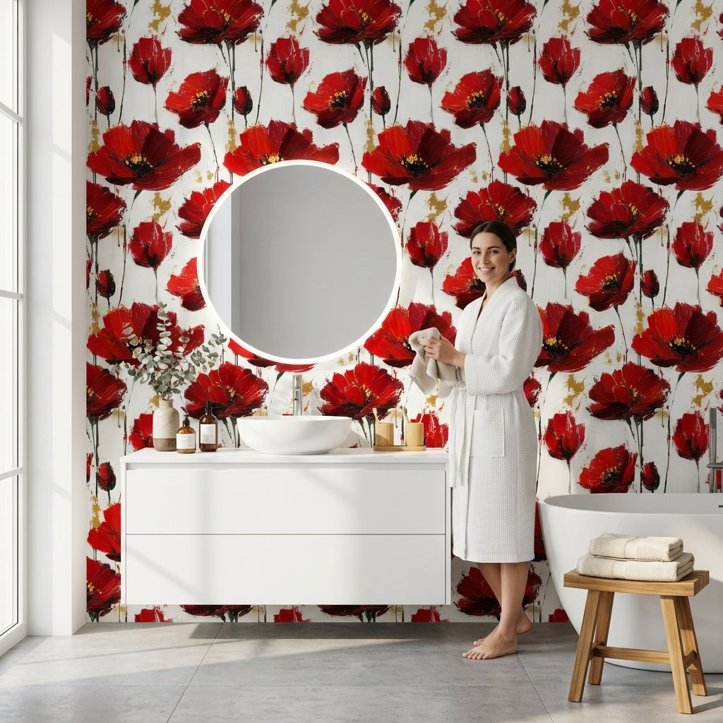 White Background Wallpaper Red Floral Decor