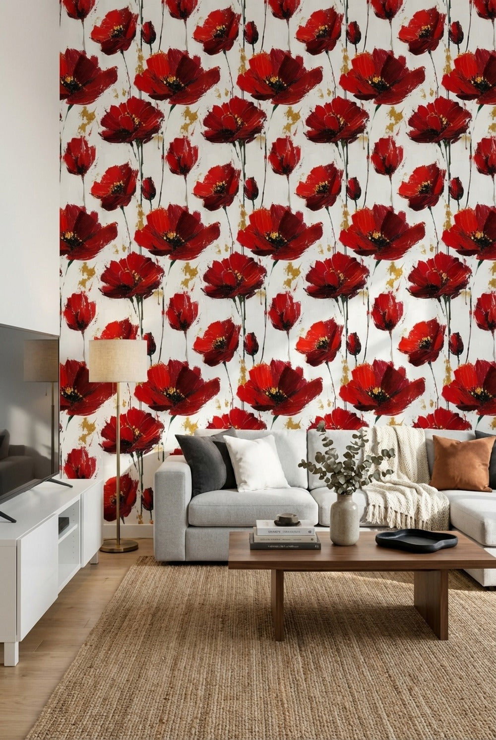 White Background Wallpaper Red Floral Decor