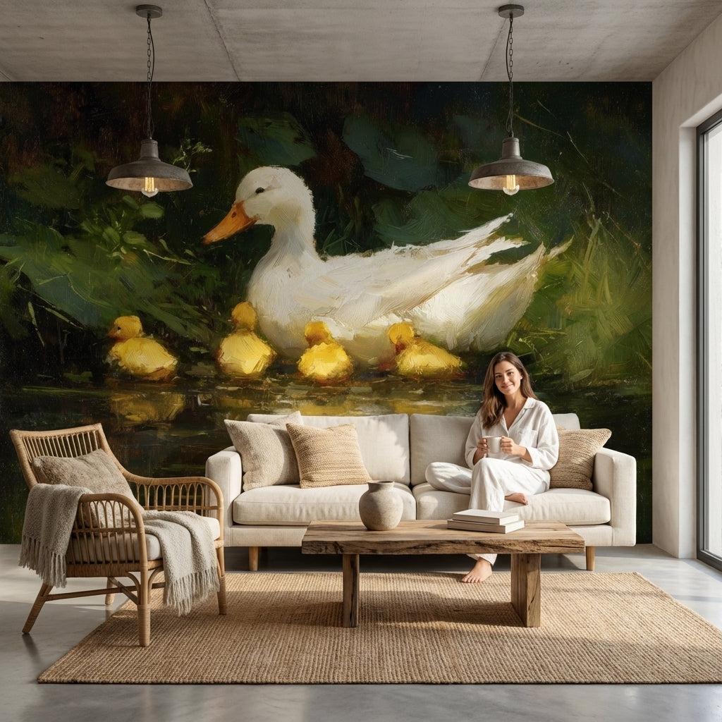Ducklings Nature Wallpaper Greenery Pond Wall Mural