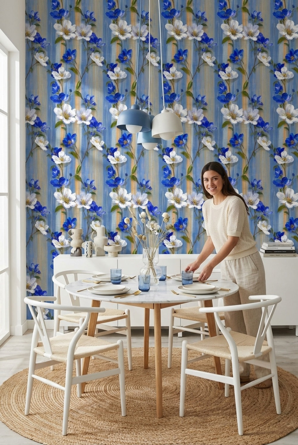 Floral Wallpaper Blue Bright Decorative Mural