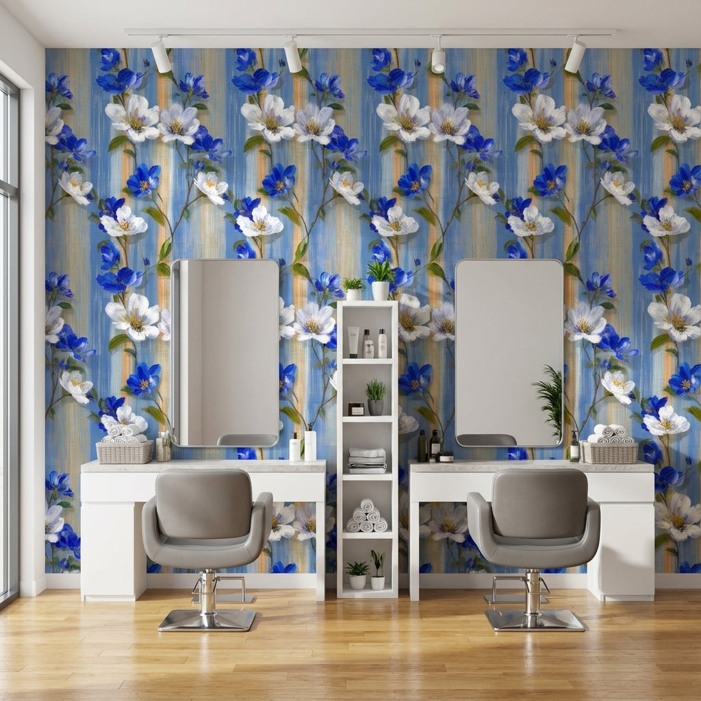 Floral Wallpaper Blue Bright Decorative Mural