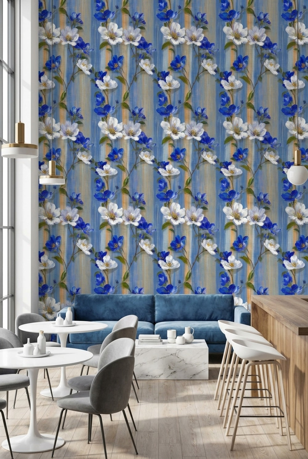 Floral Wallpaper Blue Bright Decorative Mural