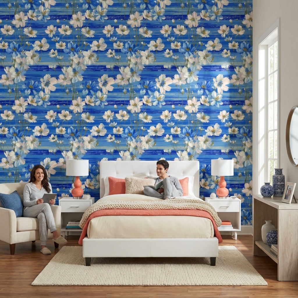 Floral Wallpaper Blue Modern Removable Wall Decor