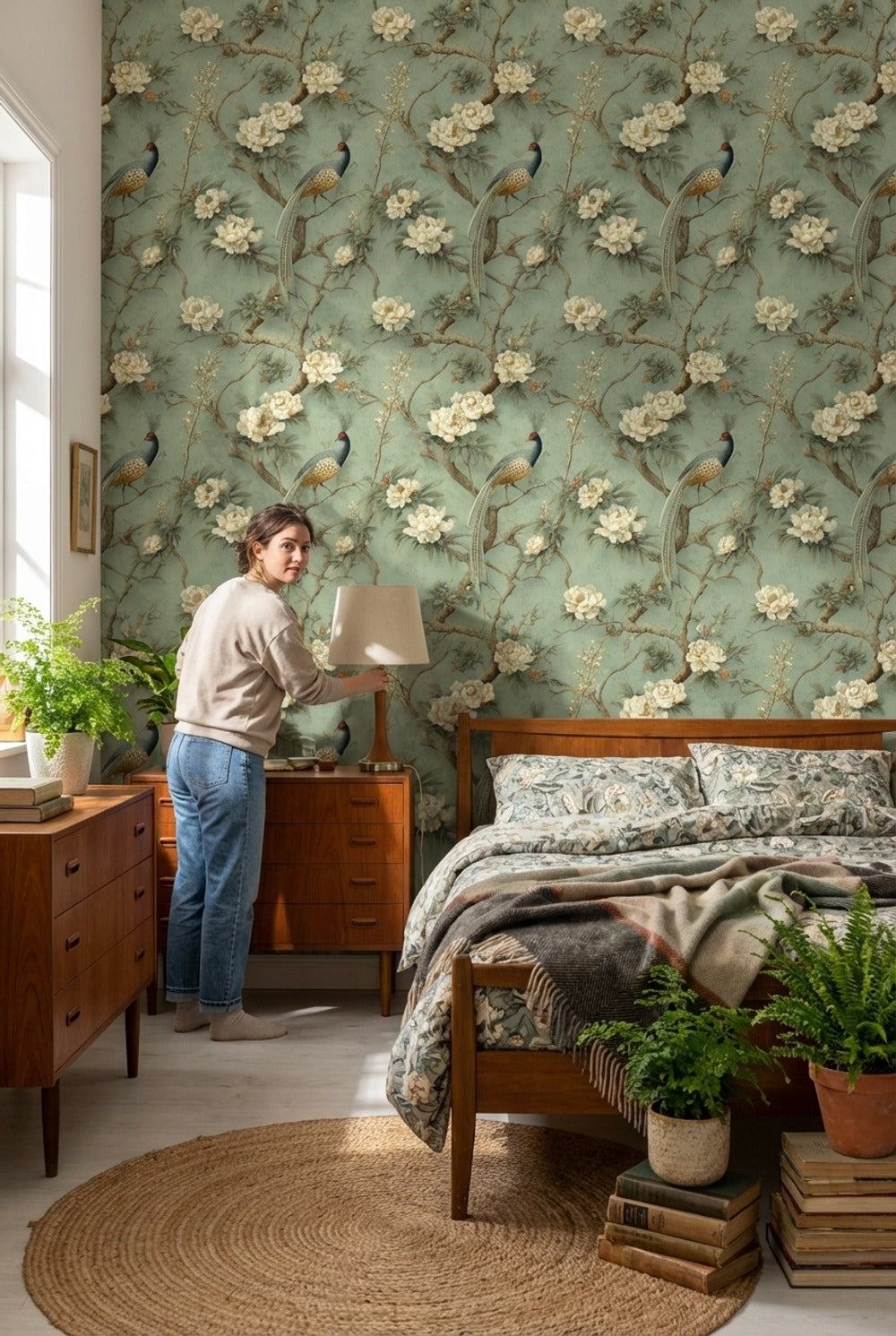 Muted Green Wallpaper Classic Floral Decorative Mural