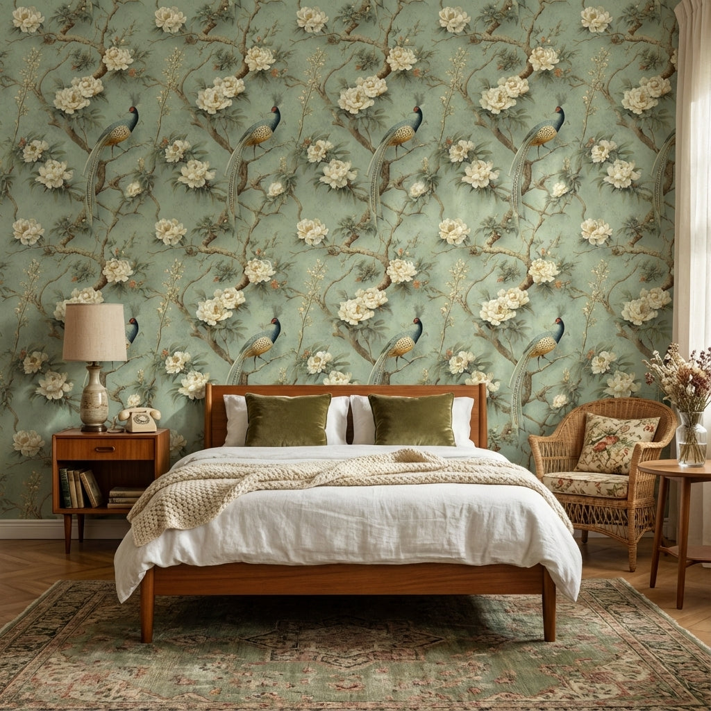 Muted Green Wallpaper Classic Floral Decorative Mural
