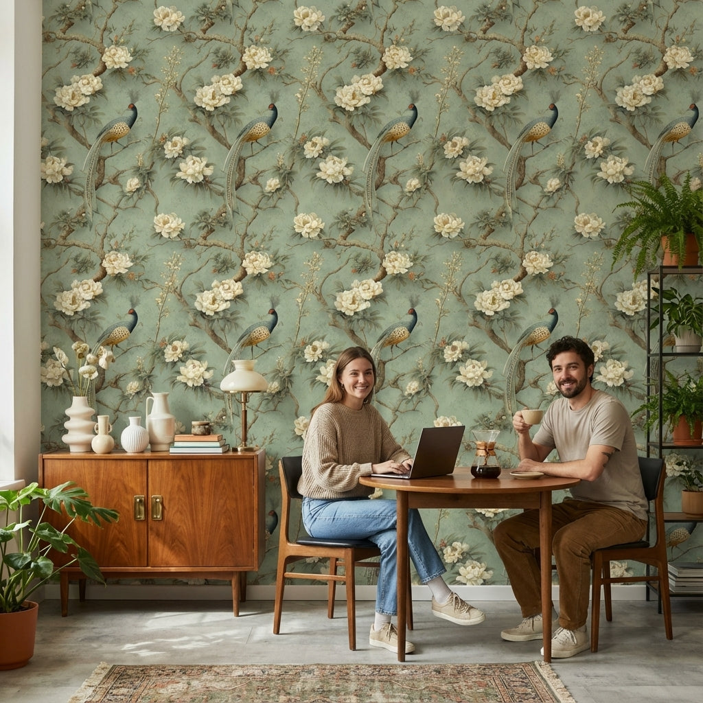 Muted Green Wallpaper Classic Floral Decorative Mural