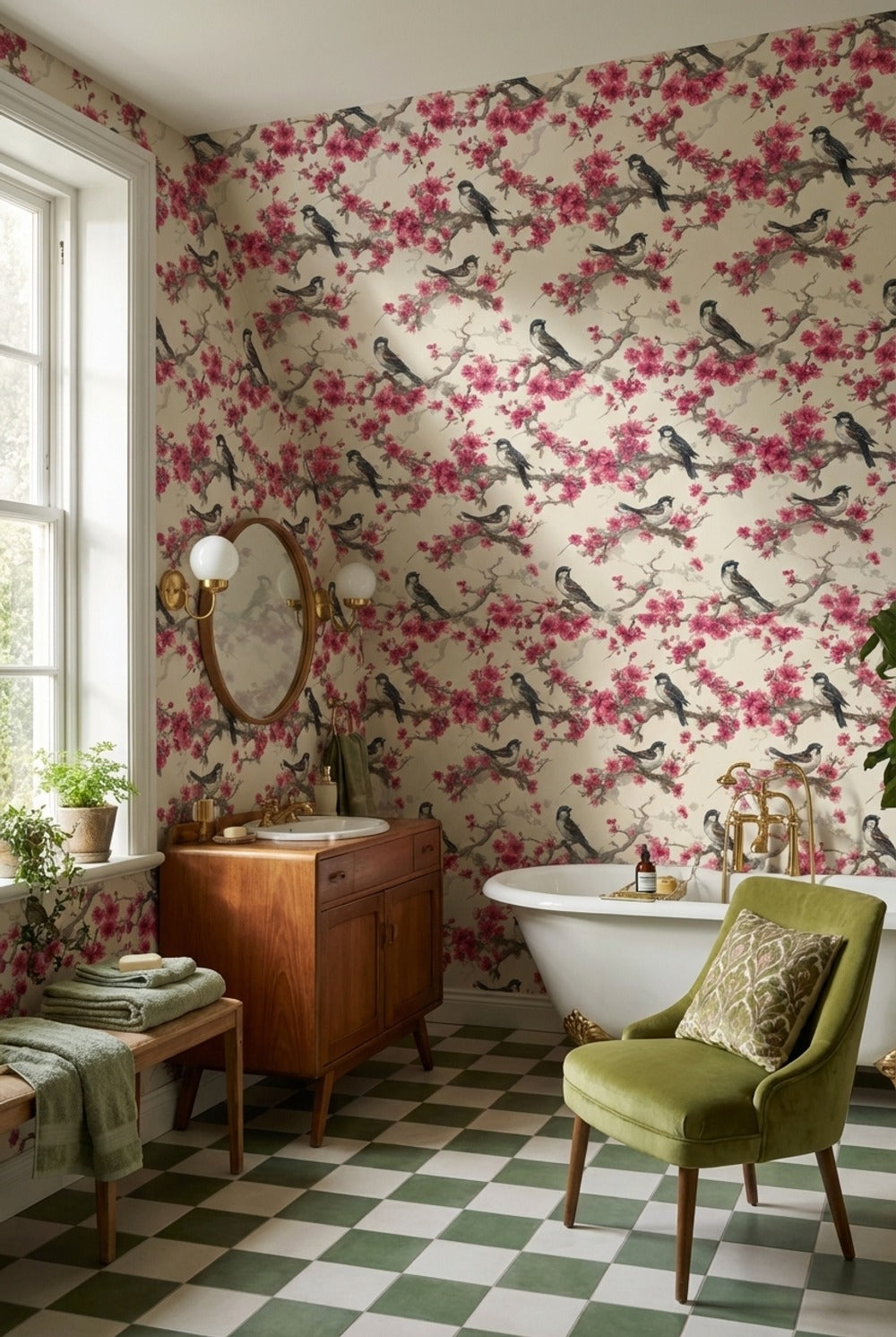 Floral Wallpaper Birds Removable Cherry Blossoms Wall Mural