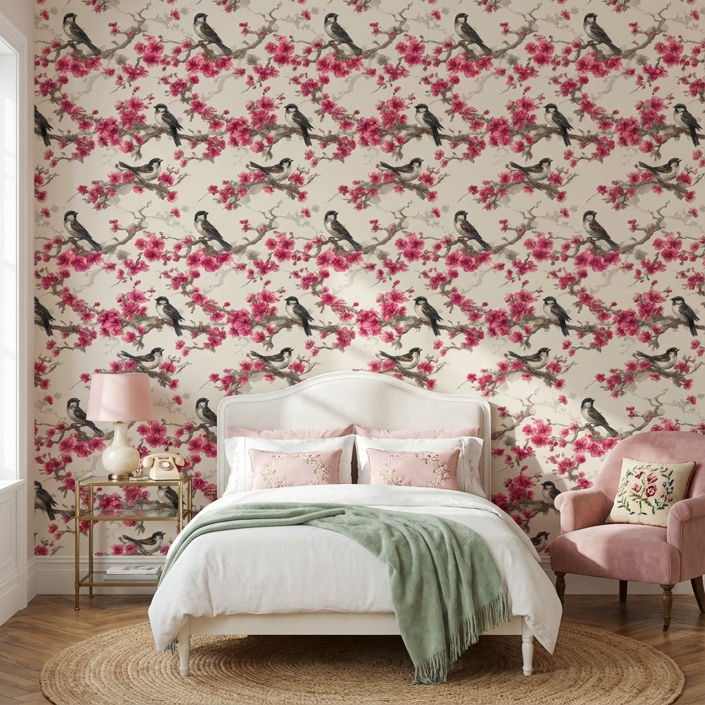 Floral Wallpaper Birds Removable Cherry Blossoms Wall Mural