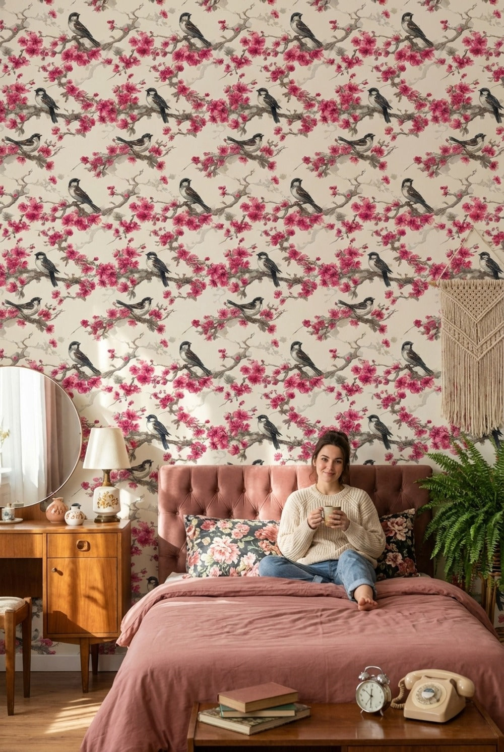 Floral Wallpaper Birds Removable Cherry Blossoms Wall Mural