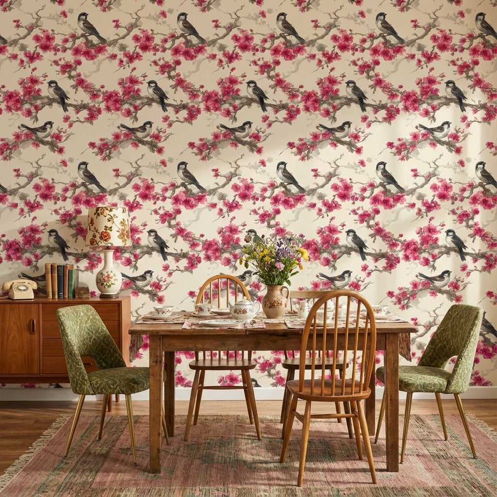 Floral Wallpaper Birds Removable Cherry Blossoms Wall Mural