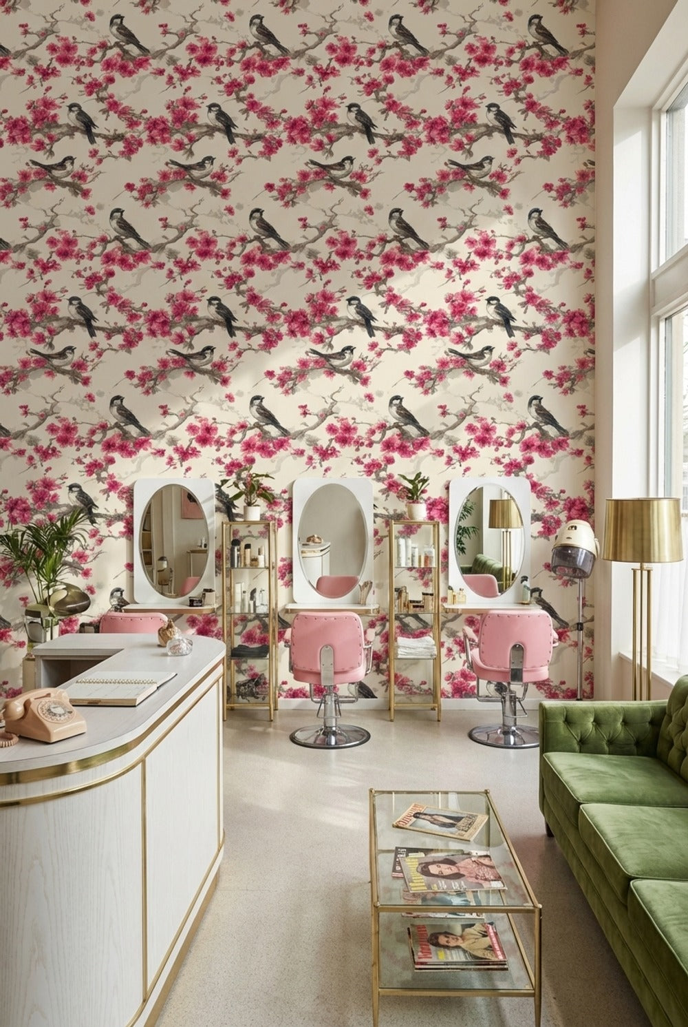 Floral Wallpaper Birds Removable Cherry Blossoms Wall Mural