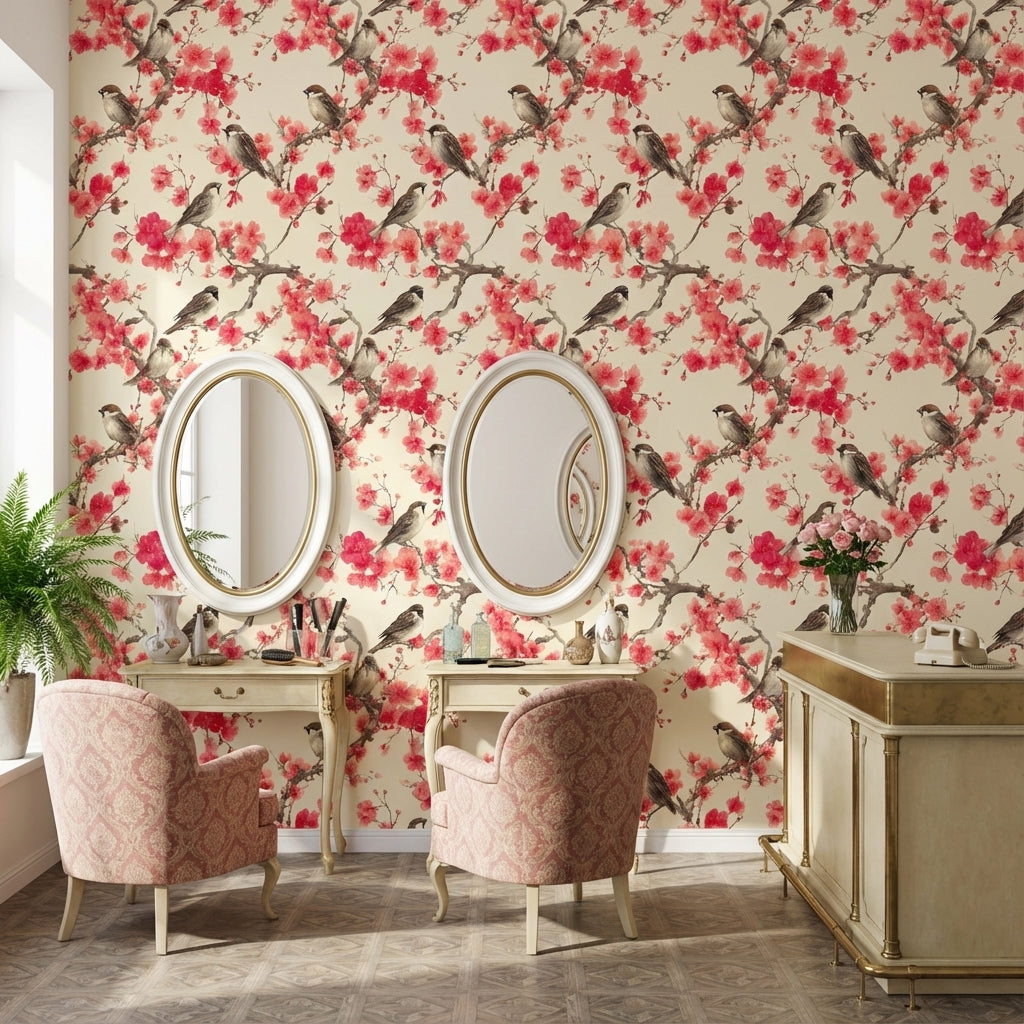 Floral Wallpaper Birds Removable Cherry Blossoms Wall Mural