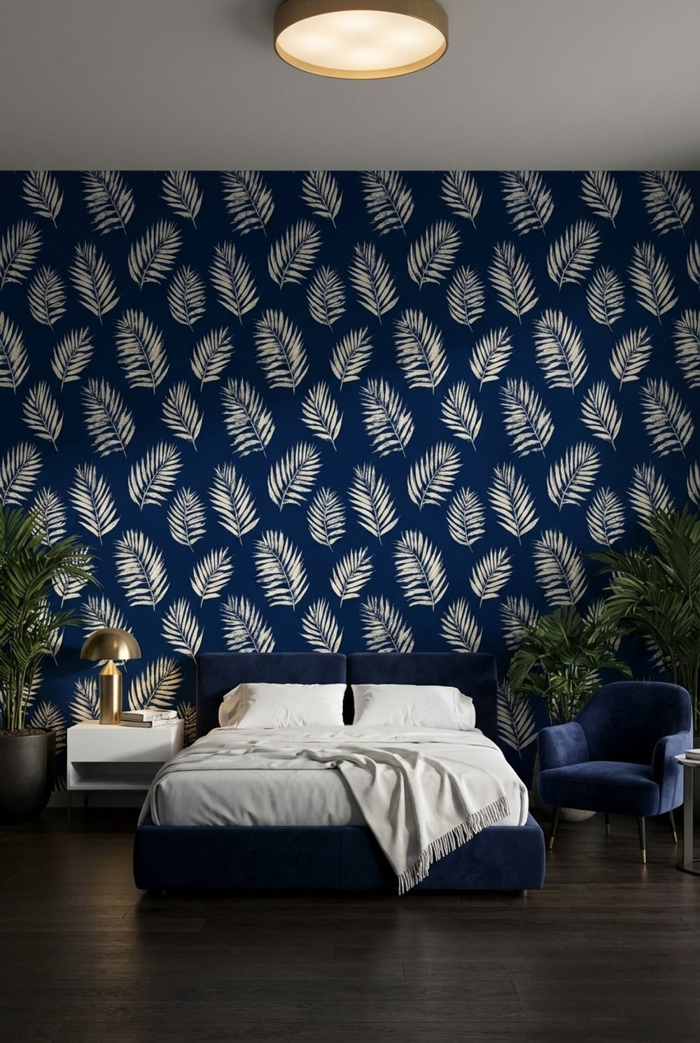Palm Leaves Wallpaper Navy Tropical Removable Wall Decor
