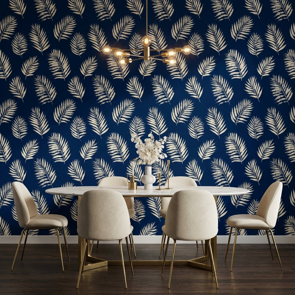 Palm Leaves Wallpaper Navy Tropical Removable Wall Decor